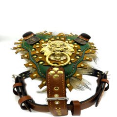 Green Luxury Lion Ring Handmade Fur Leather Dog Harness