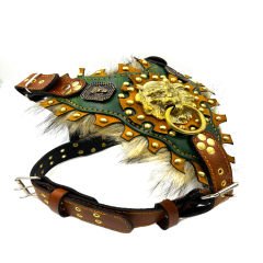 Green Luxury Lion Ring Handmade Fur Leather Dog Harness