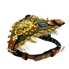 Green Luxury Lion Ring Handmade Fur Leather Dog Harness