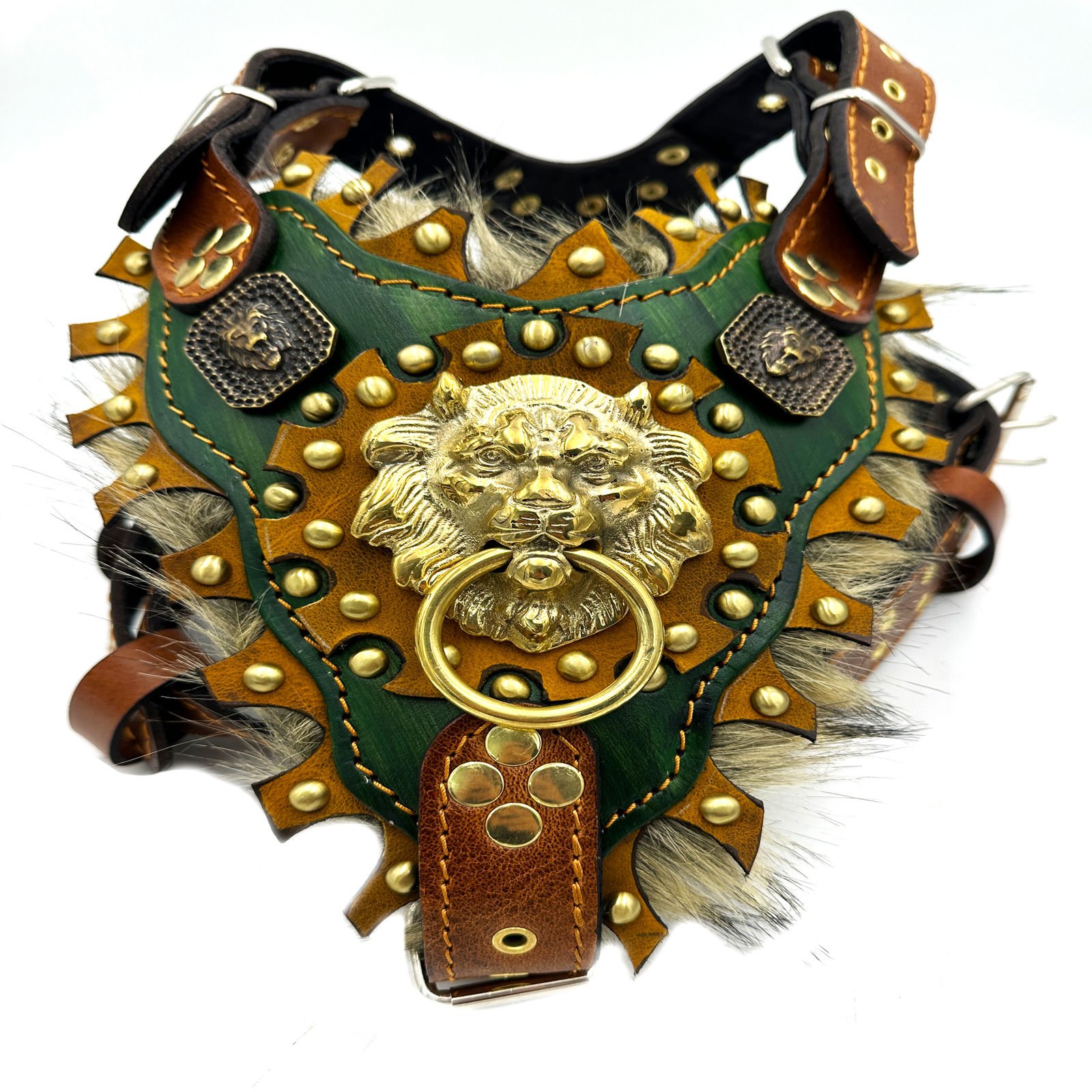 Green Luxury Lion Ring Handmade Fur Leather Dog Harness