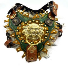 Green Luxury Lion Ring Handmade Fur Leather Dog Harness