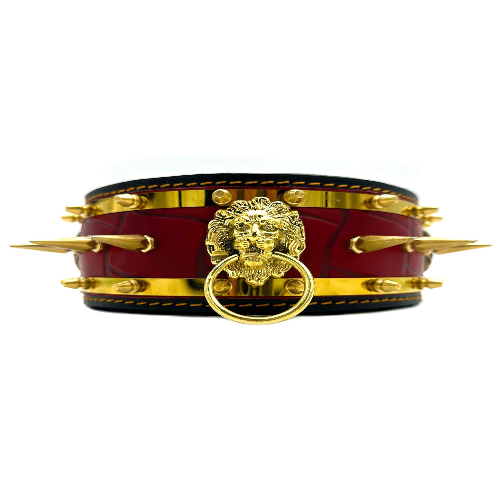 Black-Red Lion Ring Spiked Handmade Leather Dog Collar