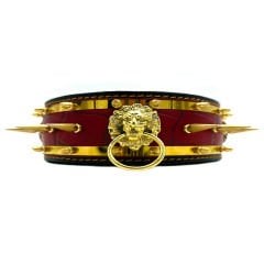Black-Red Lion Ring Spiked Handmade Leather Dog Collar