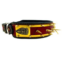 Black-Red Lion Ring Spiked Handmade Leather Dog Collar