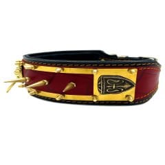 Black-Red Lion Ring Spiked Handmade Leather Dog Collar