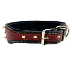 Black-Red Lion Ring Spiked Handmade Leather Dog Collar