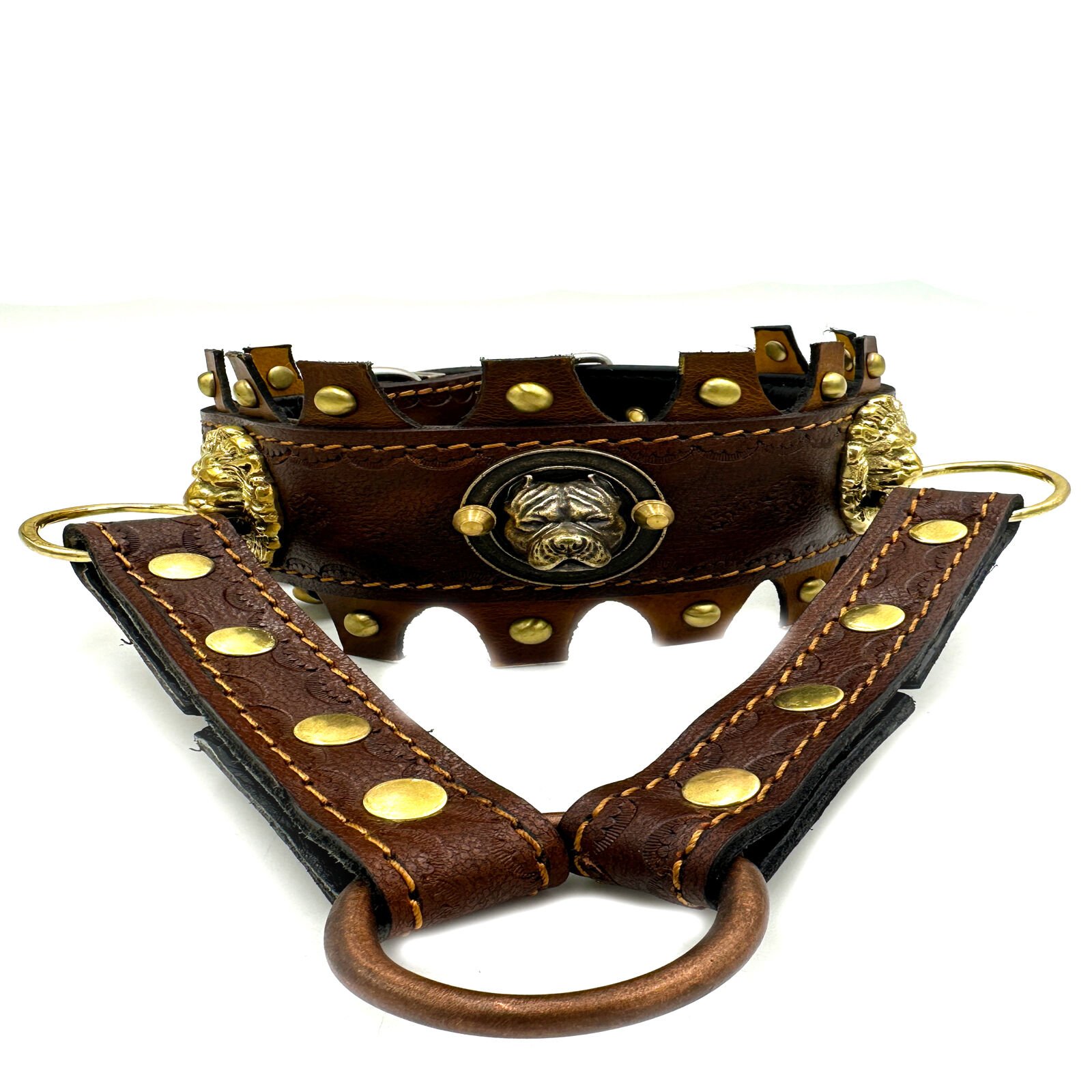Brown Ancient Design American Bully Head Handmade Leather Dog Collar