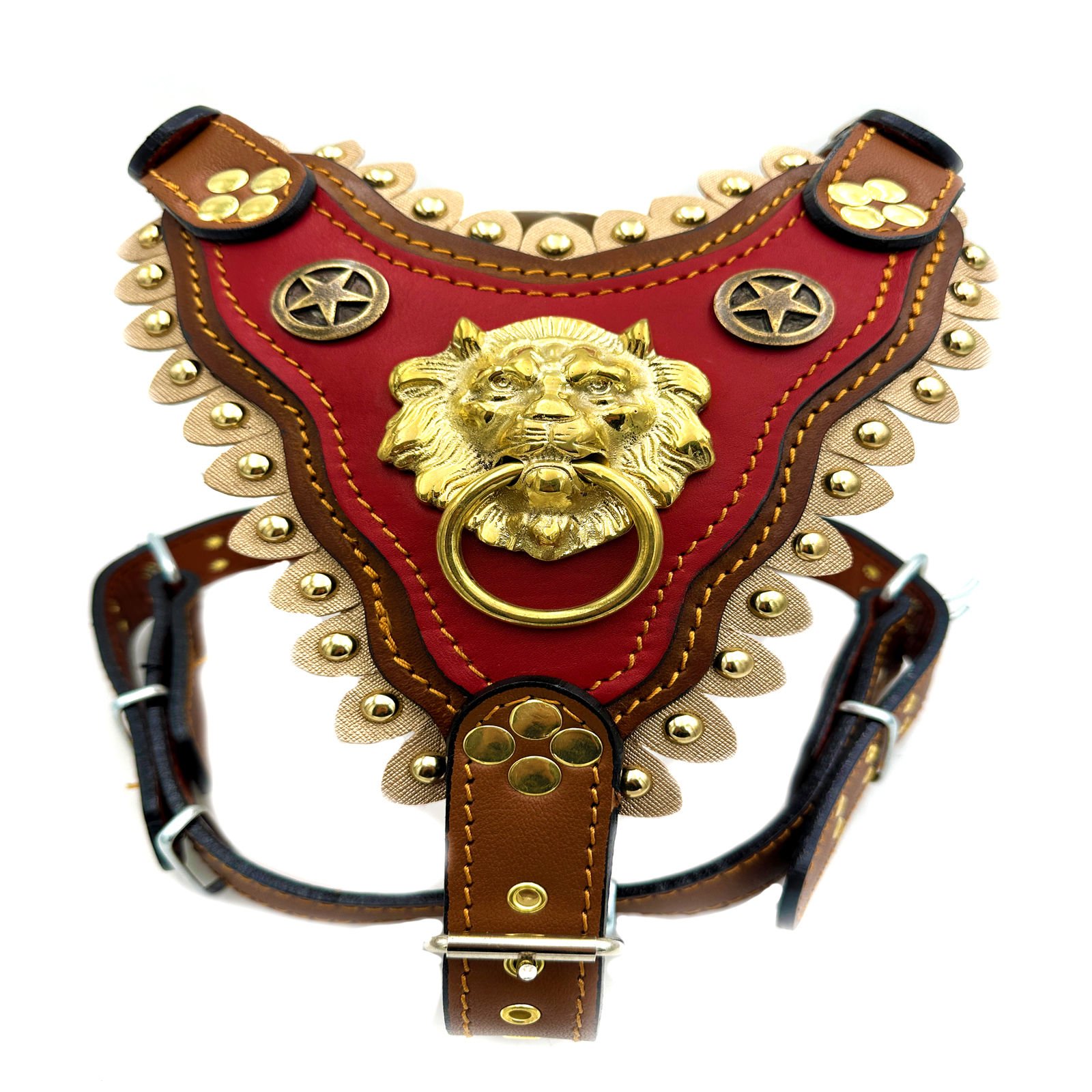 Brown-Red Lion Head Handmade Leather Dog Harness