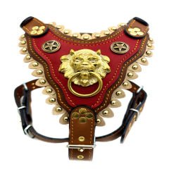 Brown-Red Lion Head Handmade Leather Dog Harness