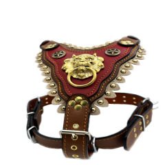 Brown-Red Lion Head Handmade Leather Dog Harness