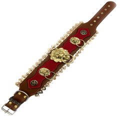 Brown-Red Brass Casting Lion Ring Handmade Leather Dog Collar