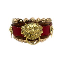 Brown-Red Brass Casting Lion Ring Handmade Leather Dog Collar