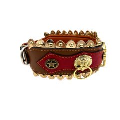 Brown-Red Brass Casting Lion Ring Handmade Leather Dog Collar
