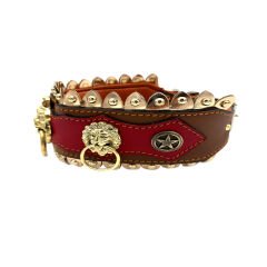 Brown-Red Brass Casting Lion Ring Handmade Leather Dog Collar