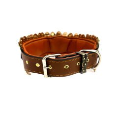 Brown-Red Brass Casting Lion Ring Handmade Leather Dog Collar