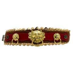 Brown-Red Brass Casting Lion Ring Handmade Leather Dog Collar