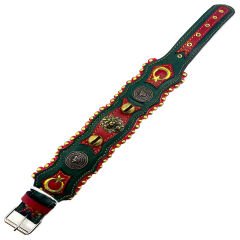 Green-Red Lion Head With Bell Handmade Leather Dog Collar