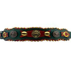 Green-Red Lion Head With Bell Handmade Leather Dog Collar