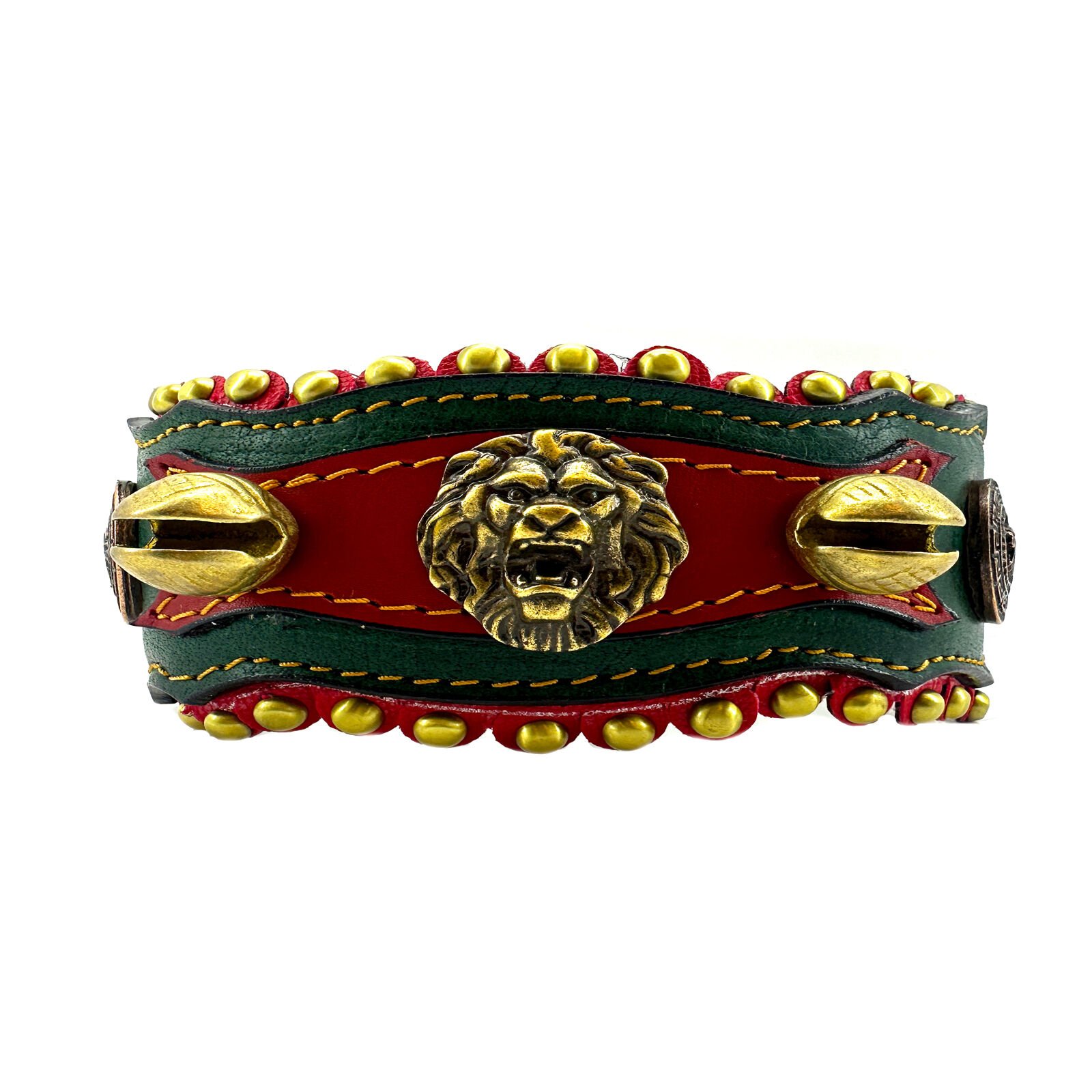 Green-Red Lion Head With Bell Handmade Leather Dog Collar