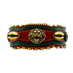 Green-Red Lion Head With Bell Handmade Leather Dog Collar
