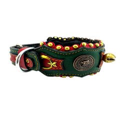 Green-Red Lion Head With Bell Handmade Leather Dog Collar