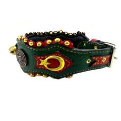 Green-Red Lion Head With Bell Handmade Leather Dog Collar