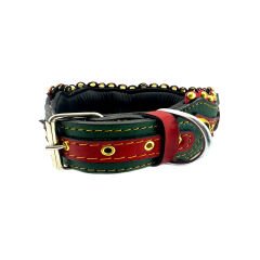 Green-Red Lion Head With Bell Handmade Leather Dog Collar