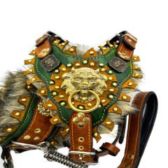 Lion Design Fur Lined Ancient Dog Collar Set