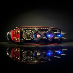 Red-Black Viking Figure Spiked Handmade Leather Dog Collar With Led