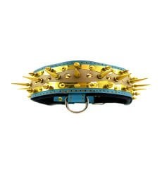 Blue-Gold Tones Handmade Spiked Leather Dog Collar