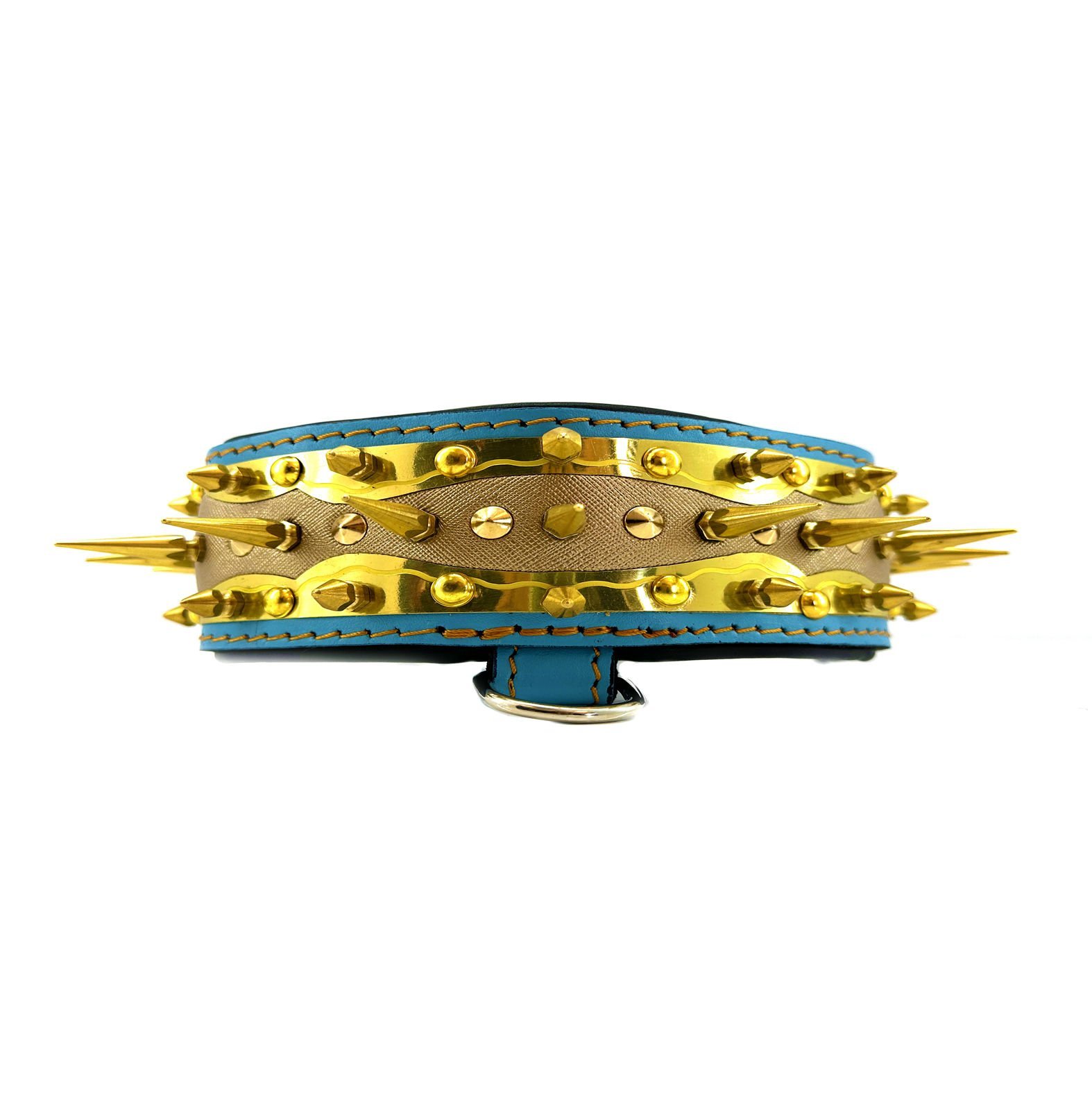 Blue-Gold Tones Handmade Spiked Leather Dog Collar