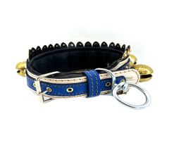 Blue-White Beaded Big Belled Handmade Leather Dog Collar