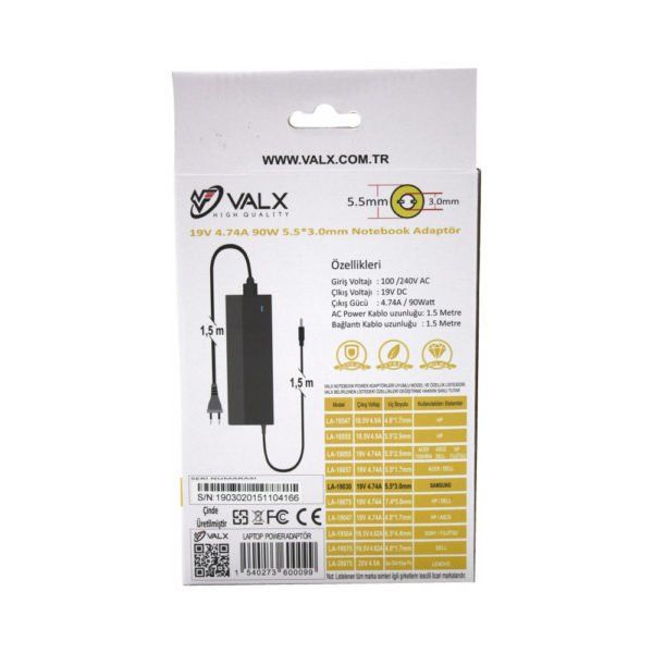 Valx LA-19030 19V 4.74A 90W 5.5×3.0mm SAMSUNG Laptop Adaptör