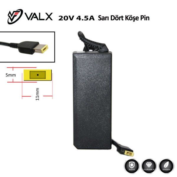 Valx LA-20075 20V 4.5A Sarı Dört Köşe Pin  Lenovo Laptop Adaptör