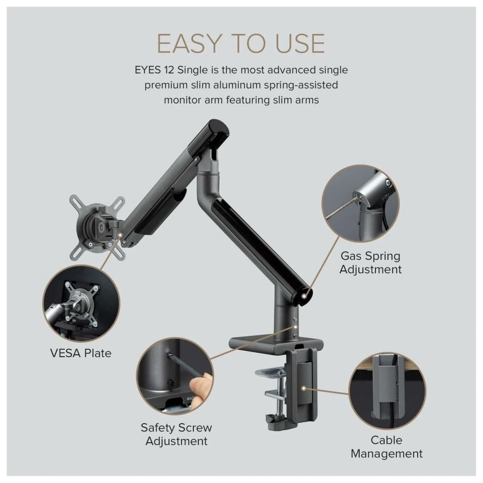 POUT Eyes 12 Single Ayarlanabilir Tekli Monitör Kolu Gri