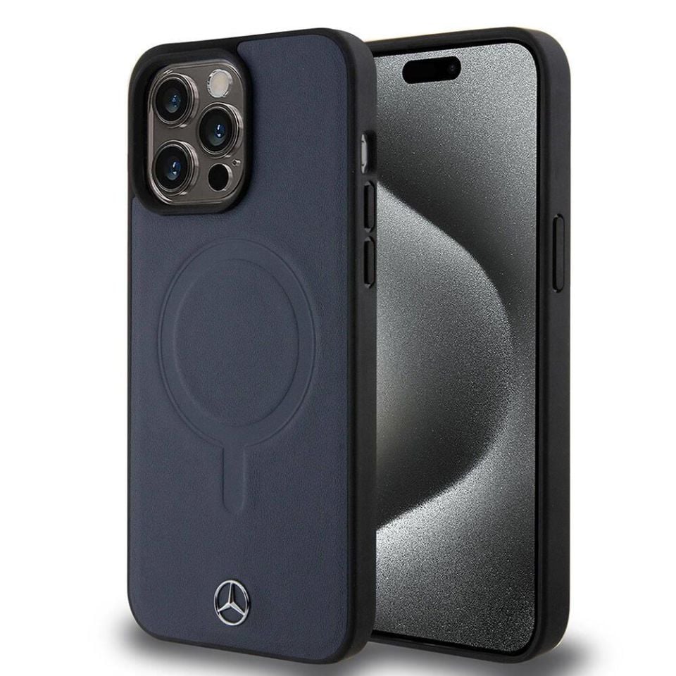 Apple iPhone 15 Pro Max Kılıf - Mercedes Benz Orijinal Lisanslı Magsafe Şarj Özellikli Metal Yıldız Logolu Pürüzsüz Deri Kapak