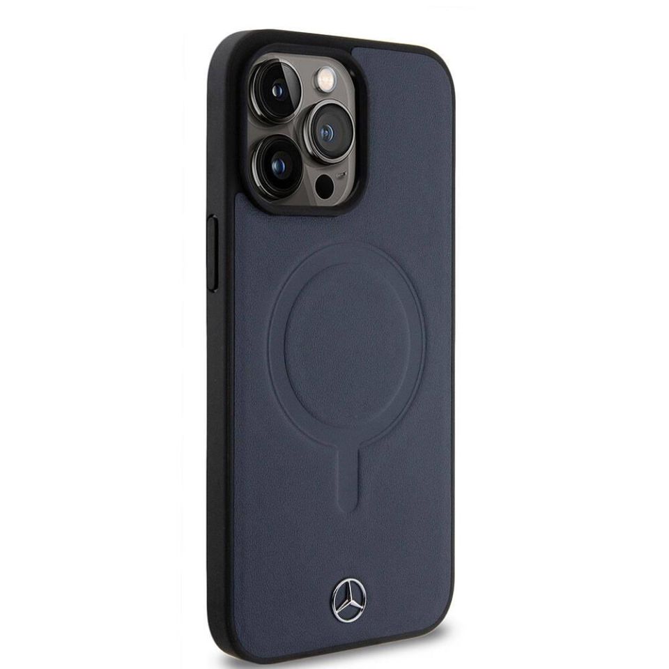 Apple iPhone 15 Pro Max Kılıf - Mercedes Benz Orijinal Lisanslı Magsafe Şarj Özellikli Metal Yıldız Logolu Pürüzsüz Deri Kapak