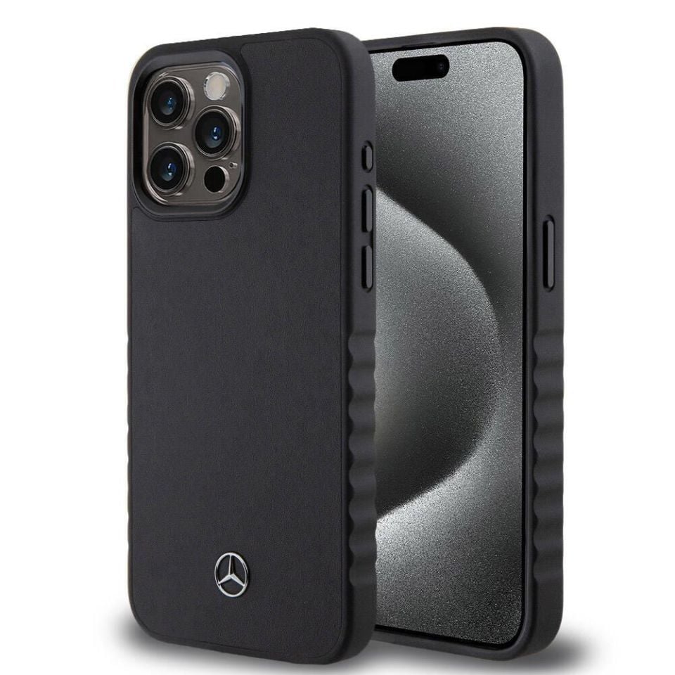 Apple iPhone 15 Pro Max Kılıf Mercedes Benz Orijinal Lisanslı Tırtıklı Kenar Tasarımlı Metal Yıldız Logolu Pürüzsüz Hakiki Deri Kapak