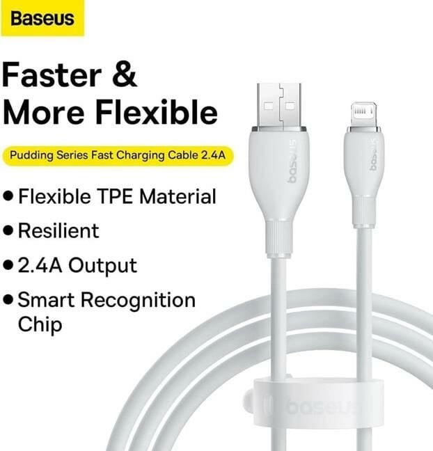 Baseus USB To Ligthning  Kablo 2.4A  1.2m Beyaz (pudding series)