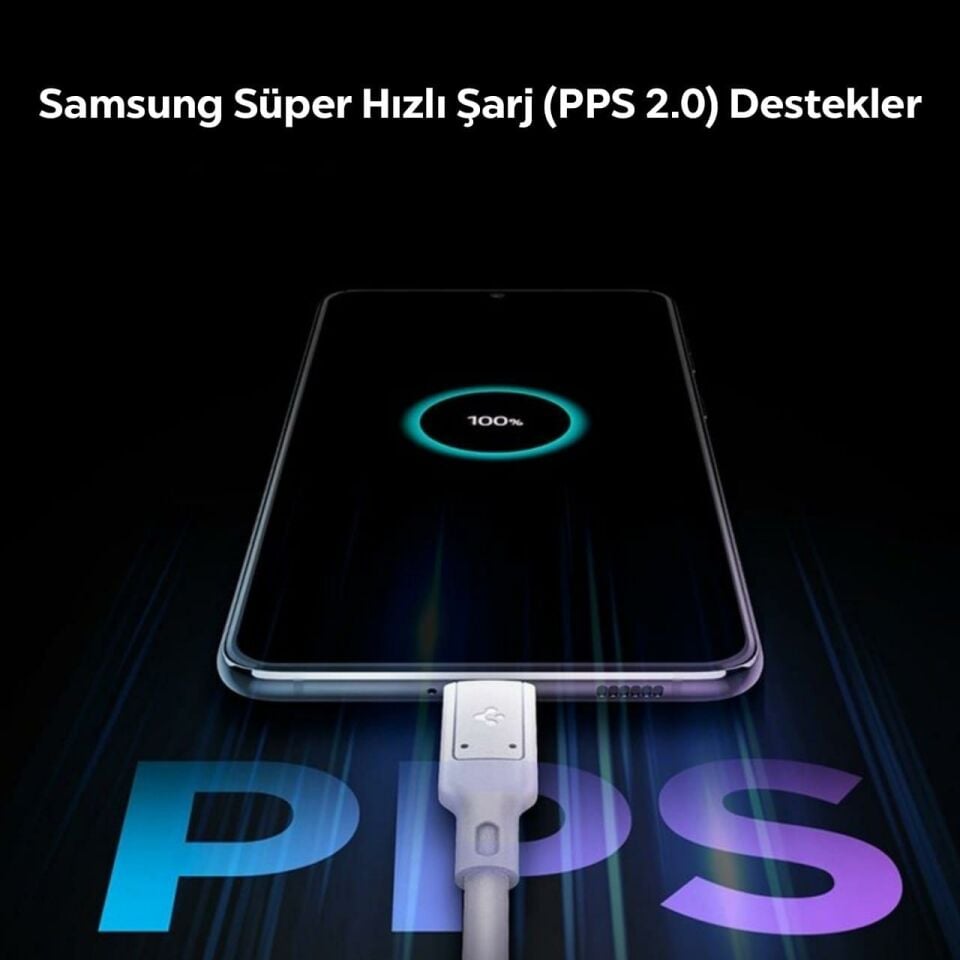 Spigen 45W  USB-C Adaptör + USB-C Örgü Şarj Kablo Beyaz