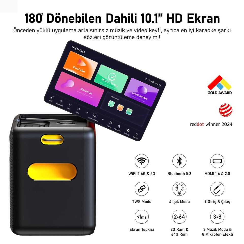 Ikarao Break X2 10,1 Tabletli Çift Mikrofonlu Karaoke Bluetooth Hoparlör