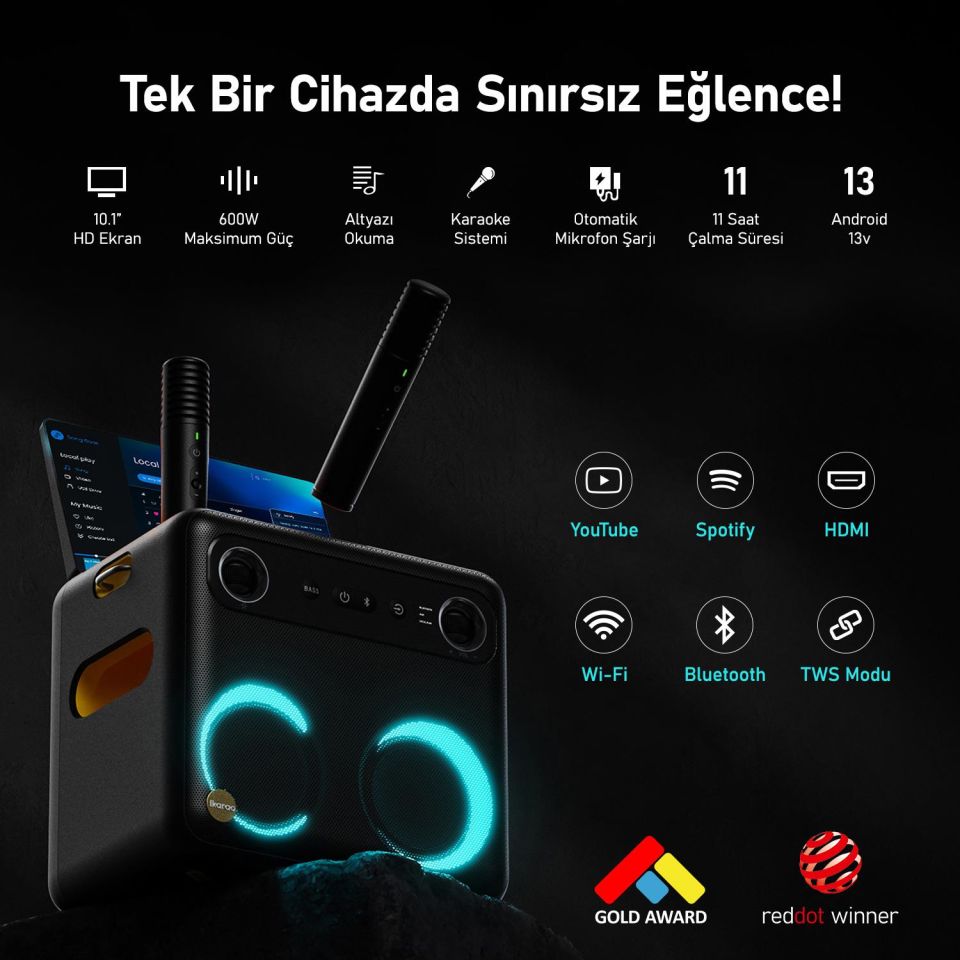 Ikarao Break X2 10,1 Tabletli Çift Mikrofonlu Karaoke Bluetooth Hoparlör