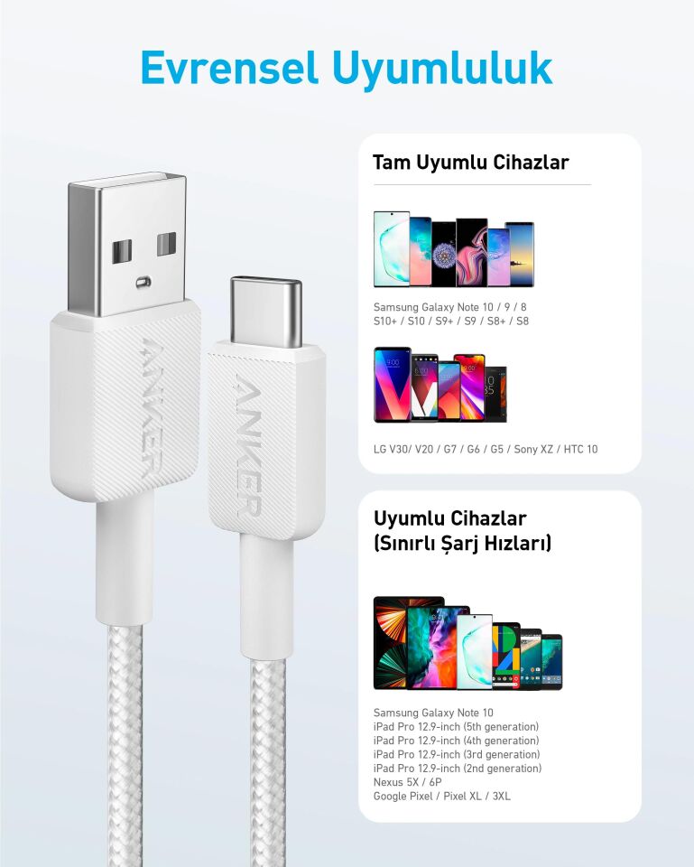 Anker 322 USB-C to USB-A 1.8M 30W Şarj Data Kablosu Siyah