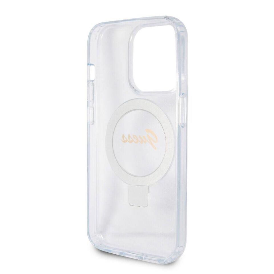 Apple iPhone 15 Pro Kılıf Guess Orijinal Lisanslı Magsafe Şarj Özellikli Simli Arka Yüzey Ring Standlı Kapak