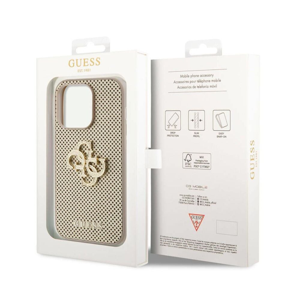 Apple iPhone 15 Pro Kılıf Guess Orijinal Lisanslı Delikli Yazı ve 4G Glitter Büyük Metal Logolu Kapak