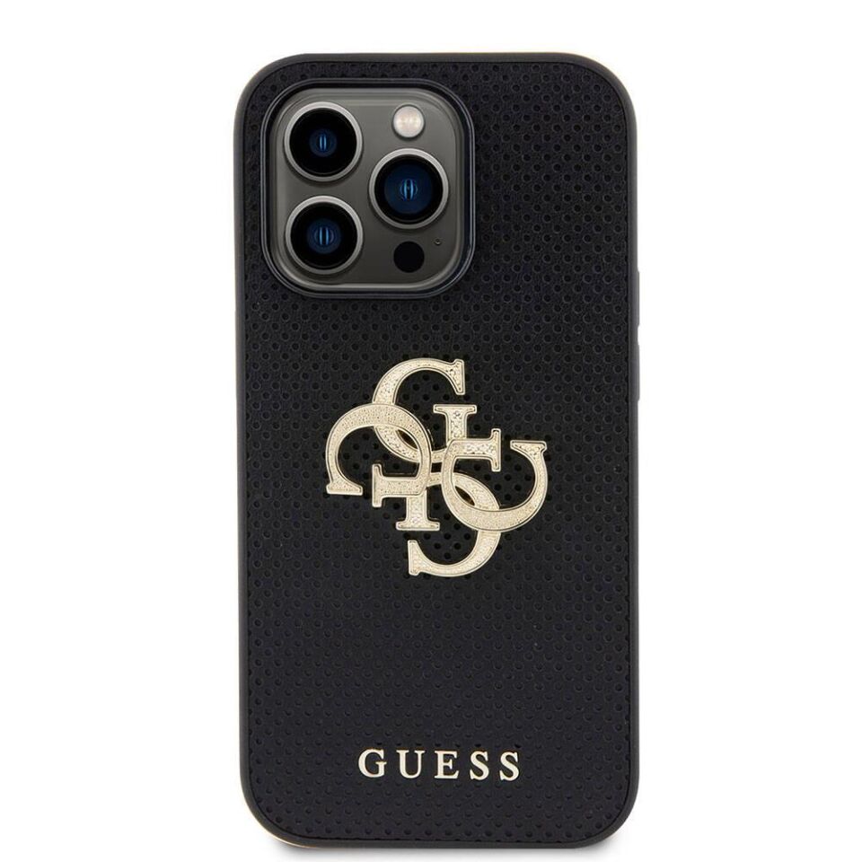 Apple iPhone 15 Pro Kılıf Guess Orijinal Lisanslı Delikli Yazı ve 4G Glitter Büyük Metal Logolu Kapak
