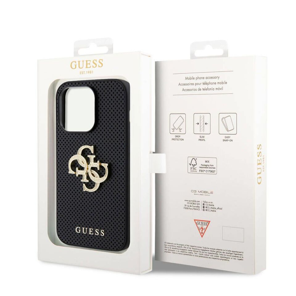 Apple iPhone 15 Pro Kılıf Guess Orijinal Lisanslı Delikli Yazı ve 4G Glitter Büyük Metal Logolu Kapak