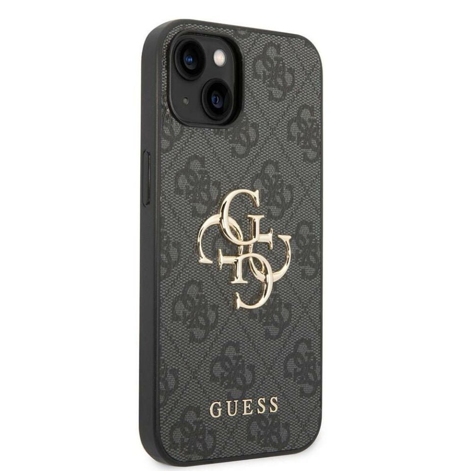 Apple iPhone 15 Kılıf Guess Orijinal Lisanslı PU Deri Yazı ve 4G Metal Logolu Desenli Kapak