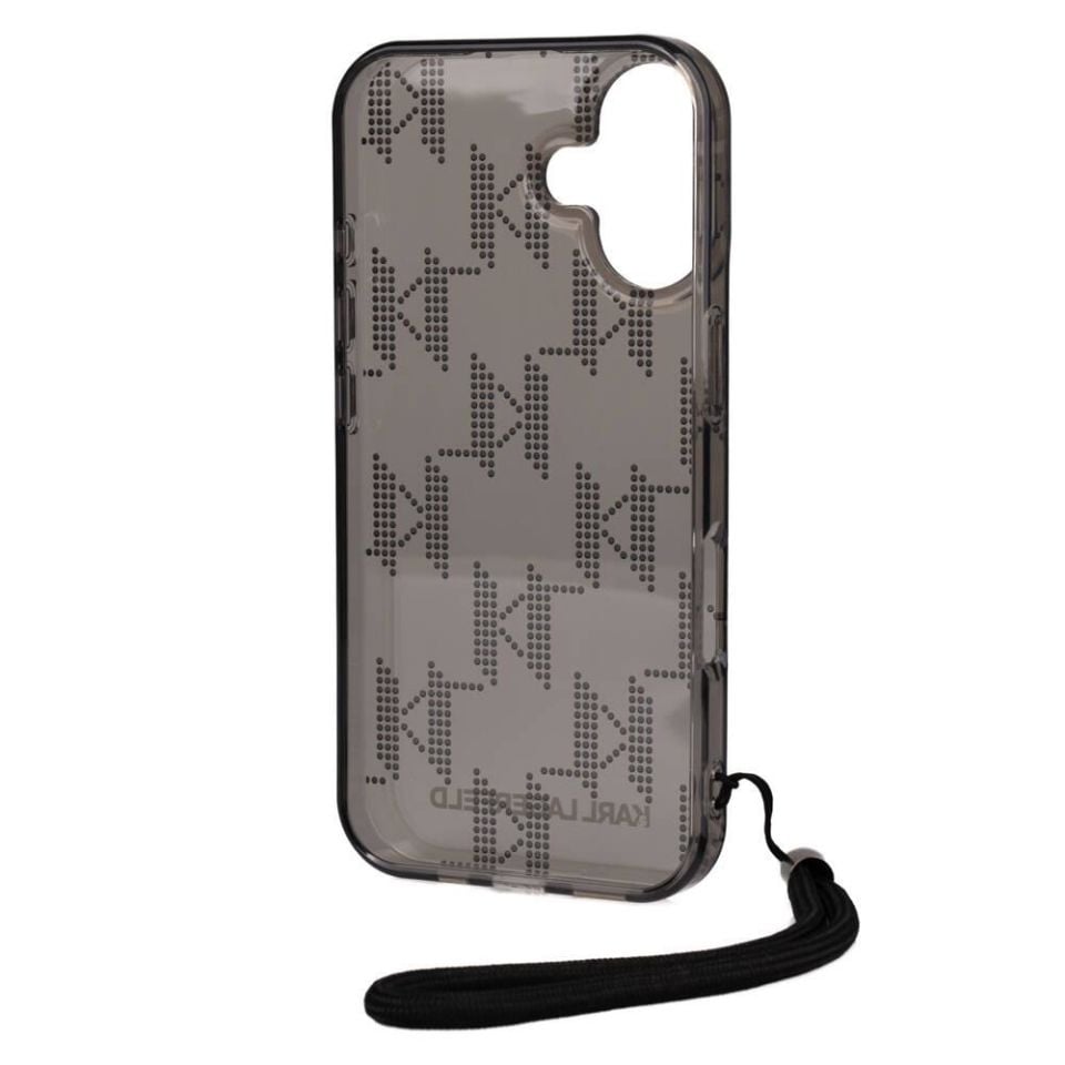 Apple iPhone 16 Kılıf Karl Lagerfeld Orijinal Lisanslı KL Desenli Saydam Bilek Askı İpli Klasik Logolu Kapak