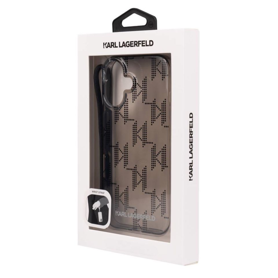 Apple iPhone 16 Kılıf Karl Lagerfeld Orijinal Lisanslı KL Desenli Saydam Bilek Askı İpli Klasik Logolu Kapak